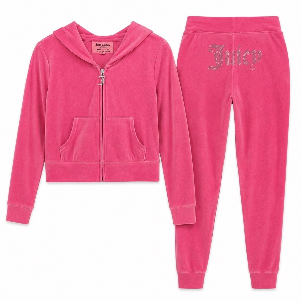 Juicy Couture Pink Velour Tracksuit Set Small Rhinestone Juicy‎ Y2K Hoodie Pants